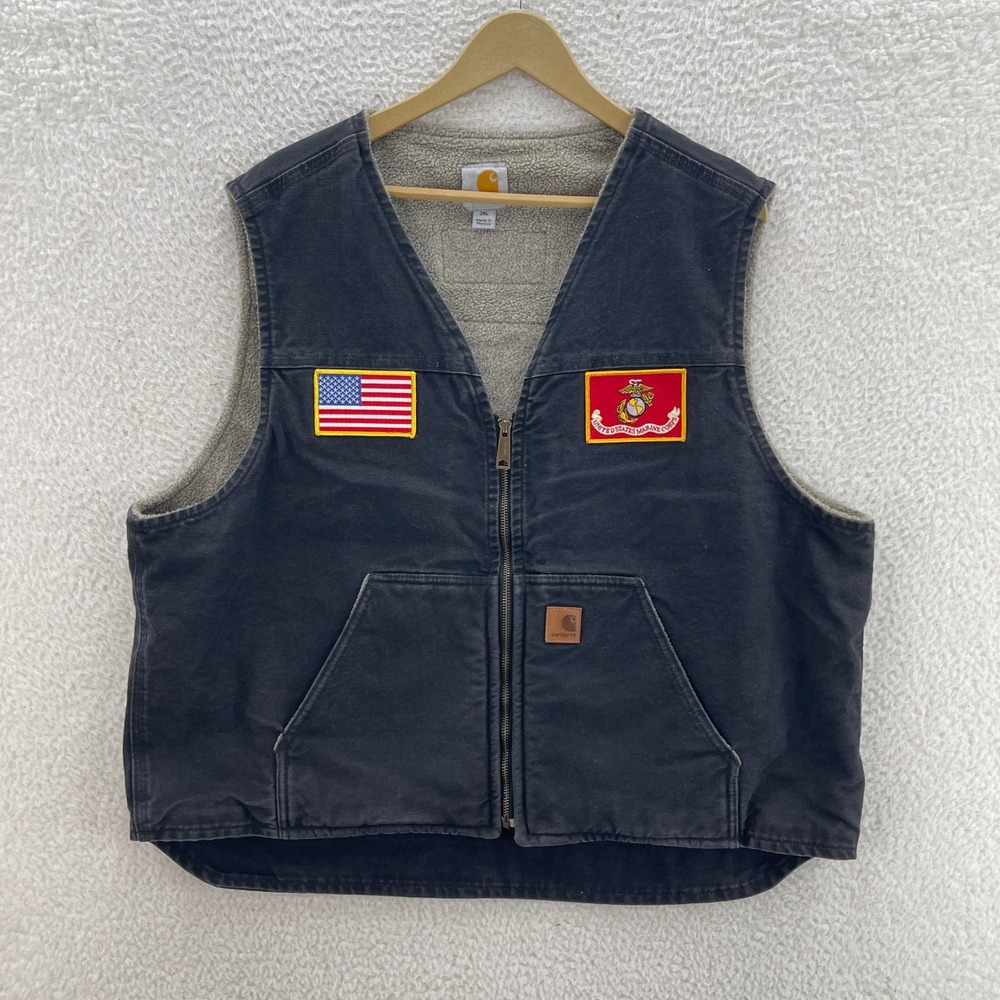 Carhartt Vest Mens 2XL Black V26 BLK Sandstone Rugged Sherpa USMC Marine Patches
